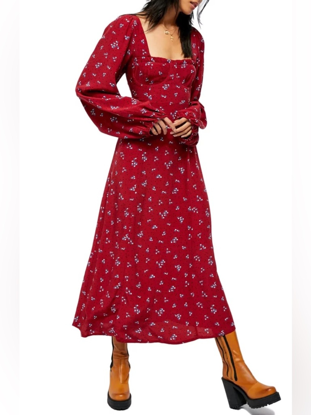 Free People Red Floral Midi Dress